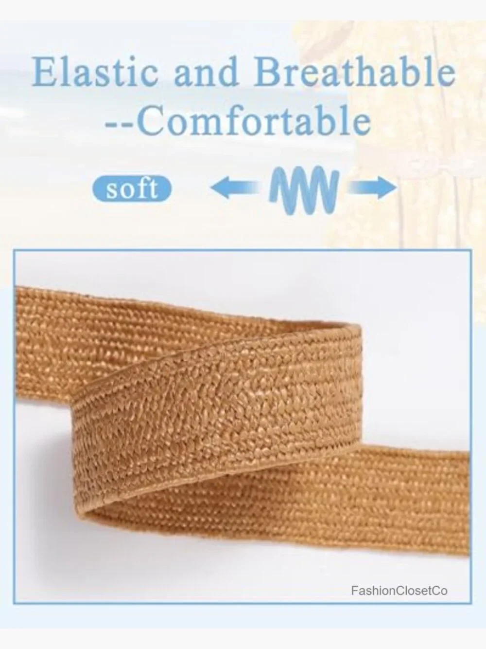 Straw Belt Elastic Waist Boho Braided Metal Buckle Stretch Belt for Dress